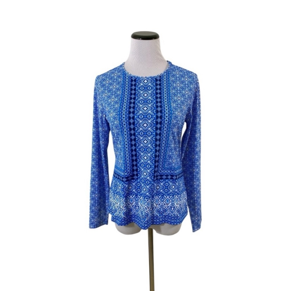 Lands End Rash Guard Athletic Swim Shirt Sz S Long Blue Mosaic Swim Tee UPF 50